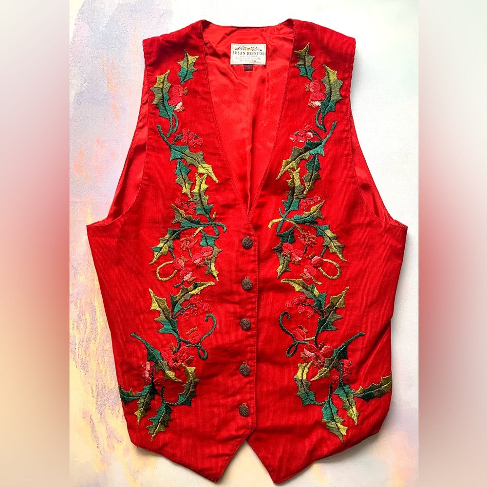 SUSAN BRISTOL Vintage Christmas  Embroidered Holly Vest Red Velvet Corduroy